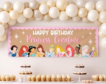 Plantilla de pancarta de cumpleaños de princesa / Diseño editable en Canva / 2 x 6 pies (Descarga digital)