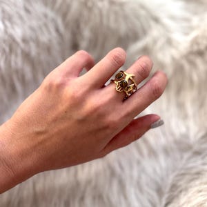 ブラウンストーン付きボヘミアン風ゴールド調節可能リング – ステンレススチール製ステートメントジュエリー