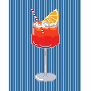 May include: Pixelated illustration of a cocktail in a stemmed glass. The drink is a vibrant orange color, garnished with a slice of orange and a striped straw. The background features vertical blue stripes, creating a retro aesthetic.