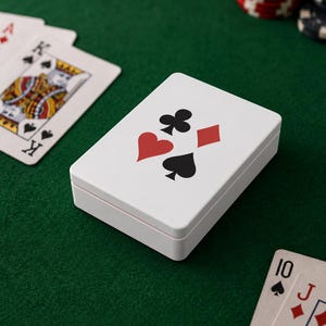 May include: A white playing card box featuring the suits of hearts, clubs, diamonds, and spades. Playing cards and poker chips are on a green felt surface.