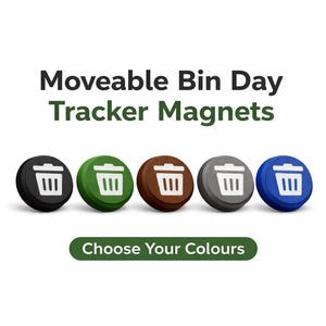 May include: Five circular magnets in black, green, brown, grey, and blue, each featuring a white bin icon. The text above reads Moveable Bin Day Tracker Magnets, and the green button below reads Choose Your Colours.