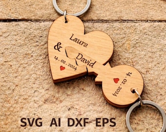Personalized Couple Keychain Split Heart Wooden Gift Laser Cut svg dxf pdf ai eps