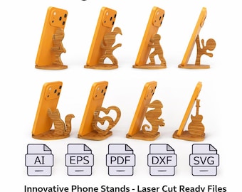 Phone stand svg bundle – Cat, Heart, Guitar laser cut files (Dxf, Pdf, Ai, Eps)