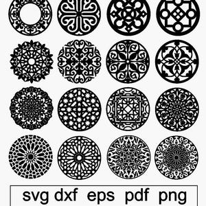 Könnte beinhalten: Eine Sammlung von sechzehn schwarzen, kreisförmigen Dekorationsdesigns mit komplizierten Mustern. Die Designs variieren im Stil, einschließlich floraler, geometrischer und abstrakter Motive. Der Text "svg dxf eps pdf png" ist ebenfalls enthalten.