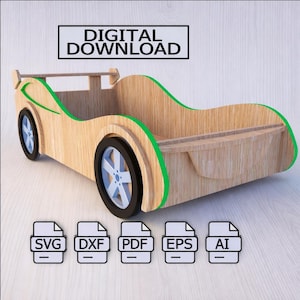 May include: Wooden race car bed frame with green and black detailing. The bed frame features two wheels on each side and a spoiler. The image includes the text "DIGITAL DOWNLOAD" and file type icons for SVG, DXF, PDF, EPS, and AI.