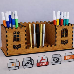 May include: Wooden desk organizer with a castle design, holding pens and pencils of various colors. The organizer has a central compartment for pens and two side compartments. Includes AI, SVG, PDF, DXF, and EPS file icons.