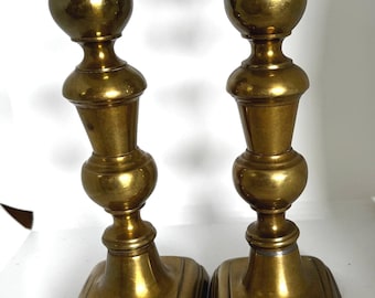 Vintage Pair Solid Brass Candlesticks Square Base