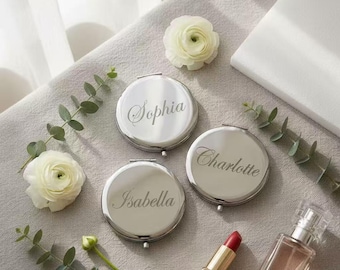 Personalized Compact Mirror, Custom Bridesmaid Gift, Engraved Silver Pocket Mirror, Wedding Party Favors, Maid of Honor Proposal Gift