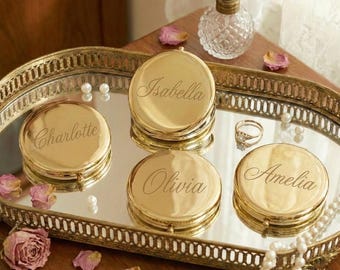 Personalized Bridesmaid Proposal Gift, Engraved Compact Mirror, Gold Pocket Mirror, Custom Maid of Honor Gift, Wedding Party Favors Bulk