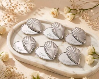 Custom Engraved Shell Compact Mirror, Makeup Handheld Metal Mirror, Bridesmaid Gift, Wedding Favor, Small Travel Mirror, Mermaid Aesthetic