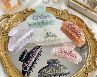 Rhinestone Name Hair Claw, Bling Custom Hair Clip, Large Acetate Claw Clip, Sparkly Personalized Gift, Marble Pattern Jaw Clip