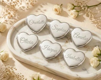 Personalized Heart Compact Mirror,Custom Name Bridesmaid Mirror,Engraved Silver Travel Mirror,Wedding Party Favor,Gift for Her