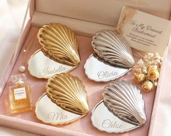 Vintage Style Shell Mirror, Personalized Birthday Gift for Daughter,, Aesthetic Gold Shell Mirror, Custom Jewelry Box Gift
