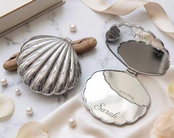 Personalized Shell Compact Mirror,Custom Name Scallop Seashell Pocket Mirror,Bridesmaid Gift,Wedding Party Favor,Engraved Small MakeupMirror