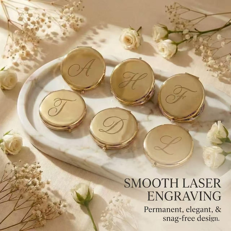 Personalized Compact Mirror with Name,Custom Engraved Gold Pocket Makeup Mirror,Bridesmaid Proposal Gifts,Wedding Party Favors image 2