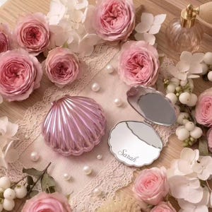 Può includere: Uno specchietto da borsa metallizzato rosa a forma di conchiglia con il nome Sarah inciso sulla superficie interna. Lo specchietto è esposto insieme a diverse rose rosa, petali di ortensia bianchi, piccole bacche decorative e perle.