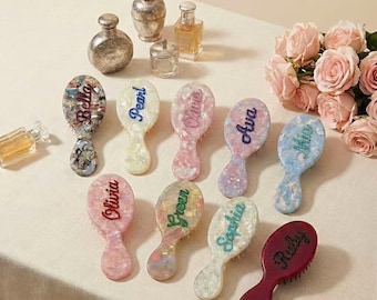 Bridesmaid Proposal Gift Idea | Personalized Mini Hair Brush Rhinestone Name | Flower Girl Favor | Custom Wedding Party Gift Box Item
