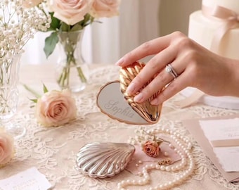 Personalized Shell Compact Mirror, Bridesmaid Gift, Custom Laser Engraved Pocket Mirror, Bridal Shower Favor, Beach Wedding Keepsake