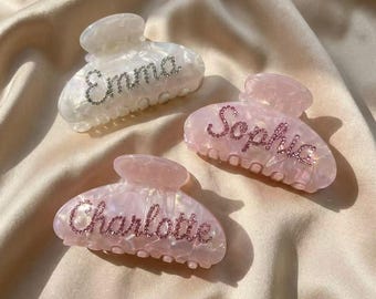 Custom Bride Hair Claw, Personalized Bridesmaid Hair Clip, Rhinestone Name Claw Clip, Wedding Party Gift, Pearl Acetate Hair Accessory