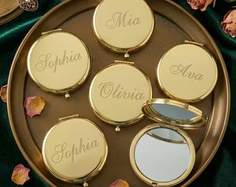 Personalized Gold Compact Mirror,Custom Initial Bridesmaid Gift,Engraved Hand Mirror for Wedding Party,Bachelorette Party Favors