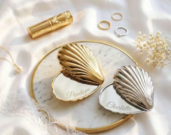 Personalized Shell Compact Mirror,Bridesmaid Proposal Gift,Custom Name Seashell Mirror,Mermaid Wedding Favors,Gold Pocket Mirror for Her