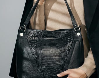 Handmade Leather Shoulder Bag for Women, Large Tote with Textured Leather Panel, Elegant Hobo Bag, Leather Shopping Bag, Laptop Tote Bag