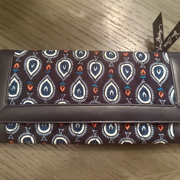 Vintage Vera Bradley wallet tri fold magnetic closure “Marrakesh Motifs” / Blue & Orange Spades Pattern