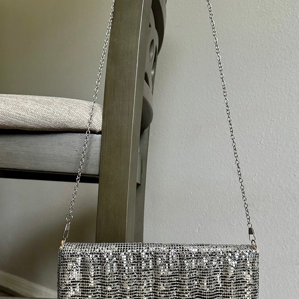 Vintage Silver Mesh Evening Bag w/ Chain Handle & Snap Closure