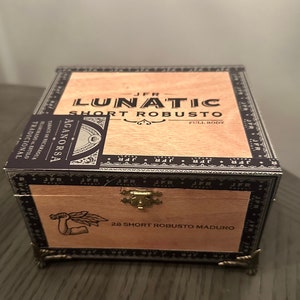 JFR Lunatic cigar box turned Jewelry Box (repurposed/upcycled cigar box).