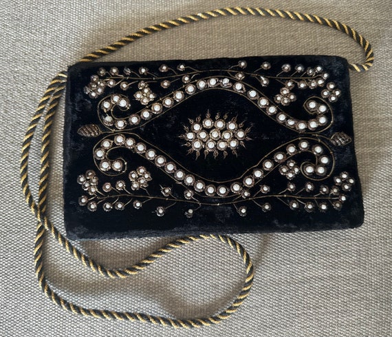 Vintage Beaded Evening Bag-Black Velvet and Beaded - image 1