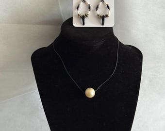 Jewelry Set- Pearl Necklace on cord & Vintage style beaded hoop earrings