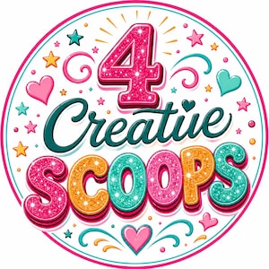 May include: A circular graphic design featuring the large pink glittery number 4 at the top, followed by the dark teal cursive text Creative and the block letters SCOOPS in alternating pink, orange, and teal glittery colors, surrounded by stars and hearts.