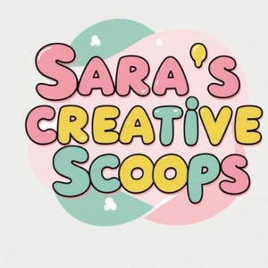 May include: A colorful logo with the text "Sara's Creative Scoops" in bubble letters. The text is outlined in black and filled with pink, yellow, and teal. The background features pastel shapes.