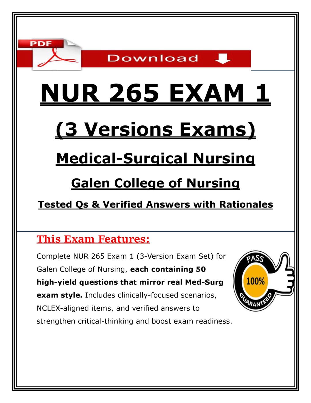 NUR 265 Exam 1 (3 Versions) – Med Surg Nursing (2026) – Galen College ...