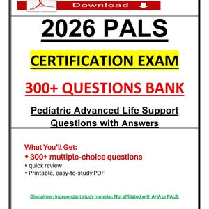 Puede incluir: Documento PDF blanco con un encabezado rojo que dice "Descargar". El documento se titula "2026 PALS CERTIFICATION EXAM" e incluye "300+ PREGUNTAS BANCO". Es una guía de estudio para Soporte Vital Pediátrico Avanzado.