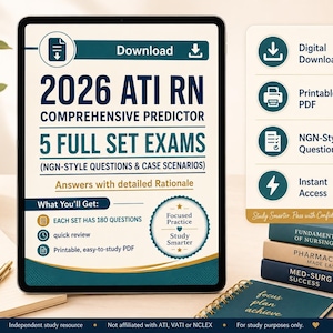 May include: A digital tablet displays "2026 ATI RN Comprehensive Predictor" with "5 Full Set Exams" and "Answers with detailed Rationale." The image includes icons for digital download, printable PDF, NGN-style questions, and instant access. Study materials are stacked nearby.