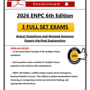 May include: A PDF document with the title "2026 ENPC 6th Edition" and the words "3 FULL SET EXAMS" in a yellow banner. The document promises actual questions, revised answers, and expert-verified explanations. A "100% GUARANTEED" seal is also present.