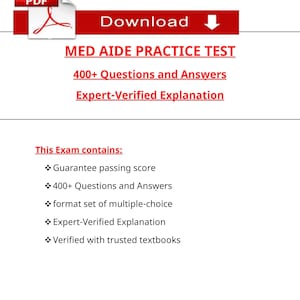 Può includere: Un documento PDF intitolato "MED AIDE PRACTICE TEST" con un pulsante rosso "Download". Promette "400+ Domande e Risposte" e "Spiegazione verificata da esperti". L'esame garantisce un punteggio di superamento.