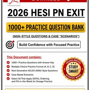 以下が含まれることがあります： 「2026 HESI PN EXIT」と「1000+ PRACTICE QUESTION BANK」というタイトルのデジタルドキュメント。このドキュメントには、練習問題、解答、ケースベースのシナリオが含まれています。このドキュメントは、学習目的のみです。