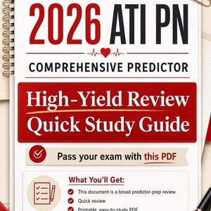 Op de afbeelding: Een wit spiraalgebonden notitieboek met een rode banner met de tekst "Direct downloaden". De omslag toont "2026 ATI PN Comprehensive Predictor" en "High-Yield Review Quick Study Guide". Bevat een lijst met functies.