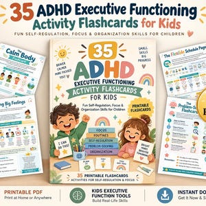 Könnte beinhalten: Ein Set aus 35 ADHD-Exekutivfunktions-Aktivitätskarten für Kinder als druckbares PDF. Das Cover zeigt einen Jungen und ein Mädchen mit Karten, auf denen I CAN DO THIS und BRIGHT MINDS BRIGHTER TOMORROWS steht, sowie Stapel bunter Blöcke.