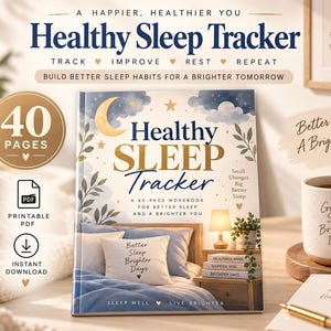 May include: A 40-page Healthy Sleep Tracker workbook featuring a cover illustration of a bedroom with a bed, lamp, and plants. The cover text reads Healthy Sleep Tracker, A 40-page workbook for better sleep and a brighter you, and Sleep Well Live Brighter. Includes PDF and instant download icons.
