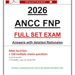 May include: A white PDF document with a red header that says "Download". The document features the text "2026 ANCC FNP FULL SET EXAM" in bold, black and red fonts. The document also includes bullet points listing features of the exam.