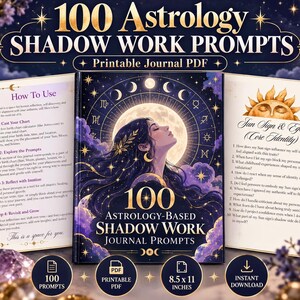 Puede incluir: Un PDF de diario imprimible titulado 100 Astrology Shadow Work Prompts con una ilustración central de una persona mirando una luna llena, rodeada de símbolos del zodiaco, con dos páginas abiertas que muestran instrucciones y preguntas sobre signos.