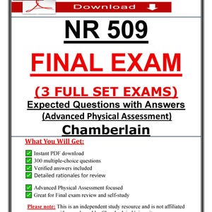 Könnte beinhalten: Ein digitales Download-Dokument mit dem Titel "NR 509 FINAL EXAM" in schwarzem und rotem Text. Das Dokument enthält "(3 FULL SET EXAMS)" und "Expected Questions with Answers". Es listet auch Funktionen wie 300 Multiple-Choice-Fragen und einen Schwerpunkt auf fortgeschrittene körperliche Untersuchung auf.