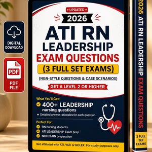 Op de afbeelding: Een digitale studiegids getiteld 2026 ATI RN Leadership Exam Questions met 3 volledige examens, NGN-stijl vragen en casestudy's. De omslag bevat een stethoscoop en hartpictogram, met tekst over 400+ verpleegkundige vragen.