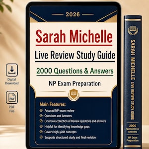 May include: A digital tablet displaying the 2026 Sarah Michelle Live Review Study Guide for NP Exam Preparation with 2000 questions and answers, alongside a matching physical book spine, featuring icons for digital download and PDF file formats.