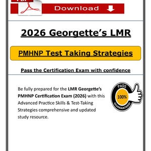 Op de afbeelding: Een digitaal document met de titel "2026 Georgette's LMR" en de ondertitel "PMHNP Test Taking Strategies". Het document belooft gebruikers te helpen de certificeringsexamen met vertrouwen te halen. Een "100% Gegarandeerd" zegel is ook aanwezig.