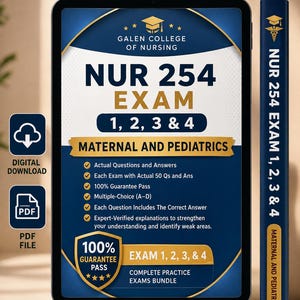 Puede incluir: Una guía de estudio digital para el examen NUR 254 1, 2, 3 y 4 Maternal and Pediatrics del Galen College of Nursing. La portada azul y blanca detalla preguntas reales, respuestas y explicaciones verificadas. Incluye un icono de archivo PDF.