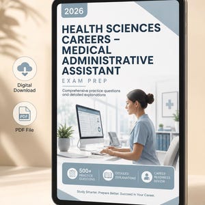 Op de afbeelding: Een digitale tablet met een 2026 examenvoorbereidingsgids voor medisch administratief assistenten. De cover toont een persoon die aan een computer werkt, met tekst over 500+ oefenvragen, gedetailleerde uitleg en een loopbaanbeoordeling.
